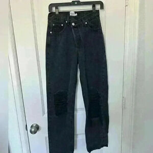 Princess Polly womens 0 black asymmetric crossover high waisted button fly jeans